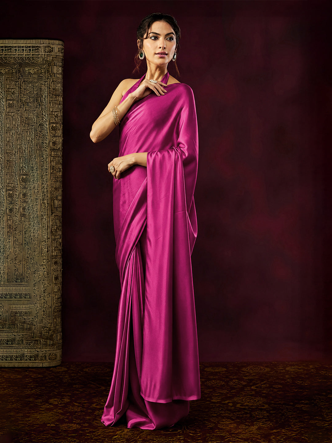 Janasya Women's Pink Satin One-Minute Ready-to-Wear Embellished Saree with Unstitched Blouse