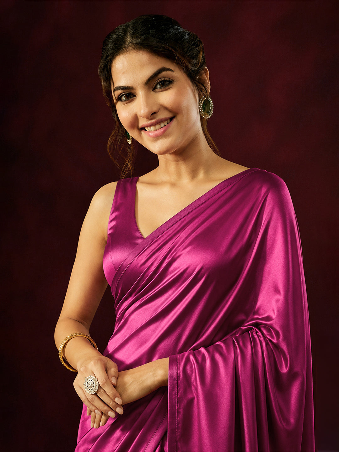 Janasya Women's Pink Satin One-Minute Ready-to-Wear Embellished Saree with Unstitched Blouse