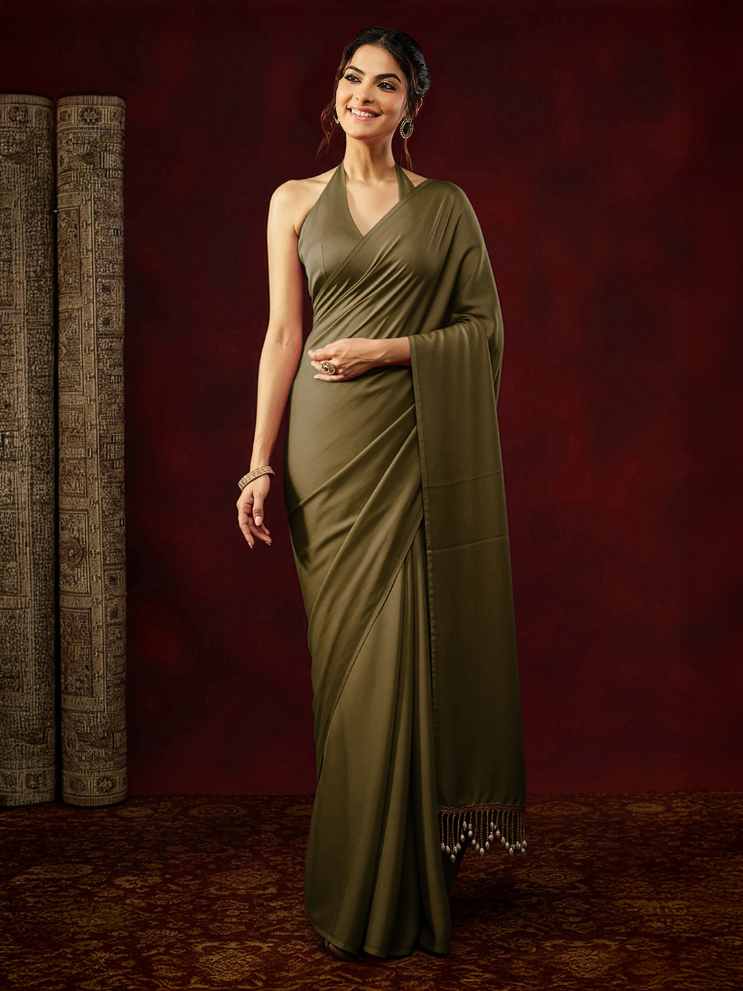 Janasya Women's Olive Satin Ready To Wear Embellished Saree with Unstitched Blouse