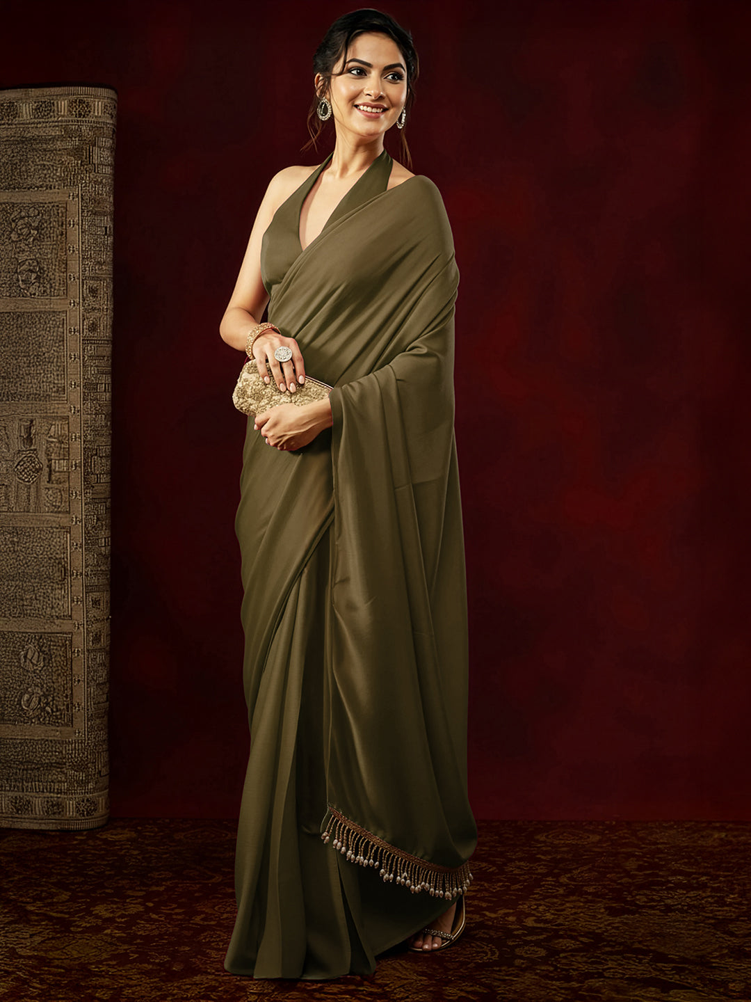 Janasya Women's Olive Satin Ready To Wear Embellished Saree with Unstitched Blouse