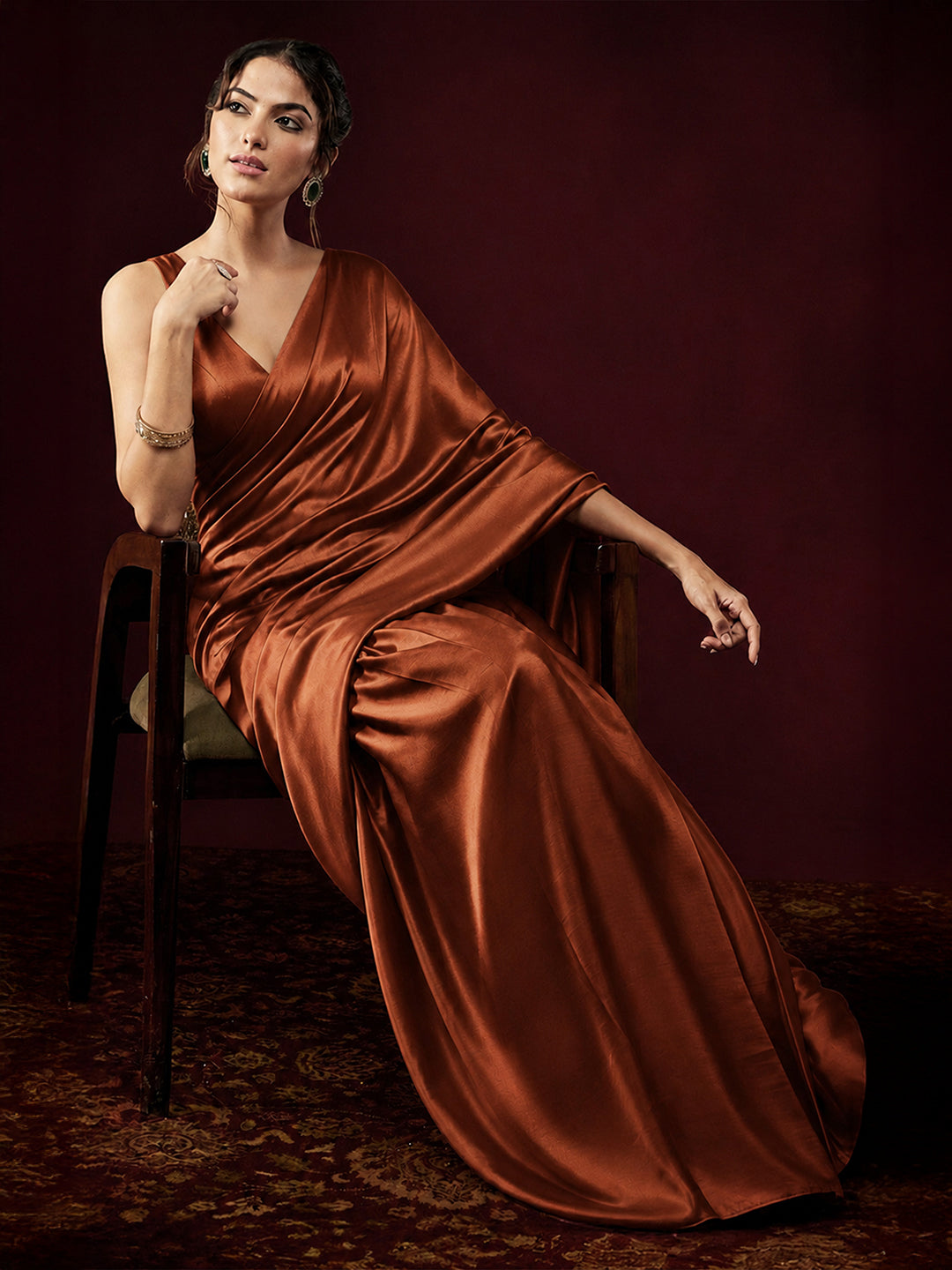 Janasya Women's Brown Satin One-Minute Ready-to-Wear Embellished Saree with Unstitched Blouse