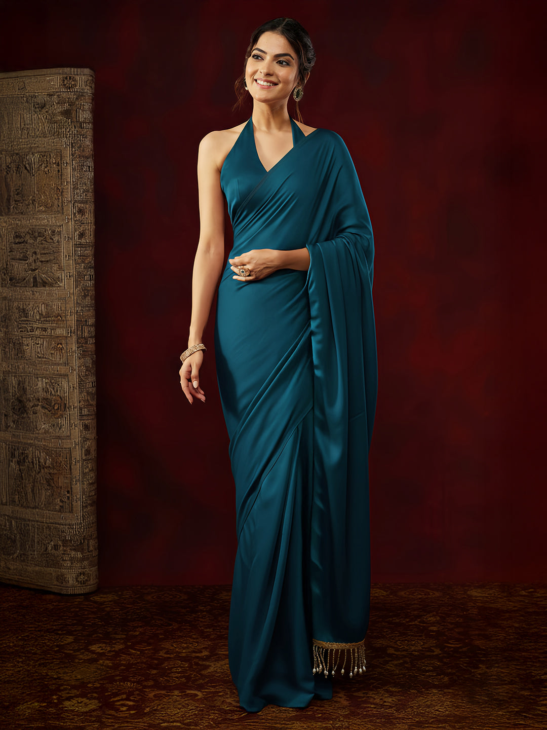 Janasya Women's Turquoise Satin Ready To Wear Embellished Saree with Unstitched Blouse