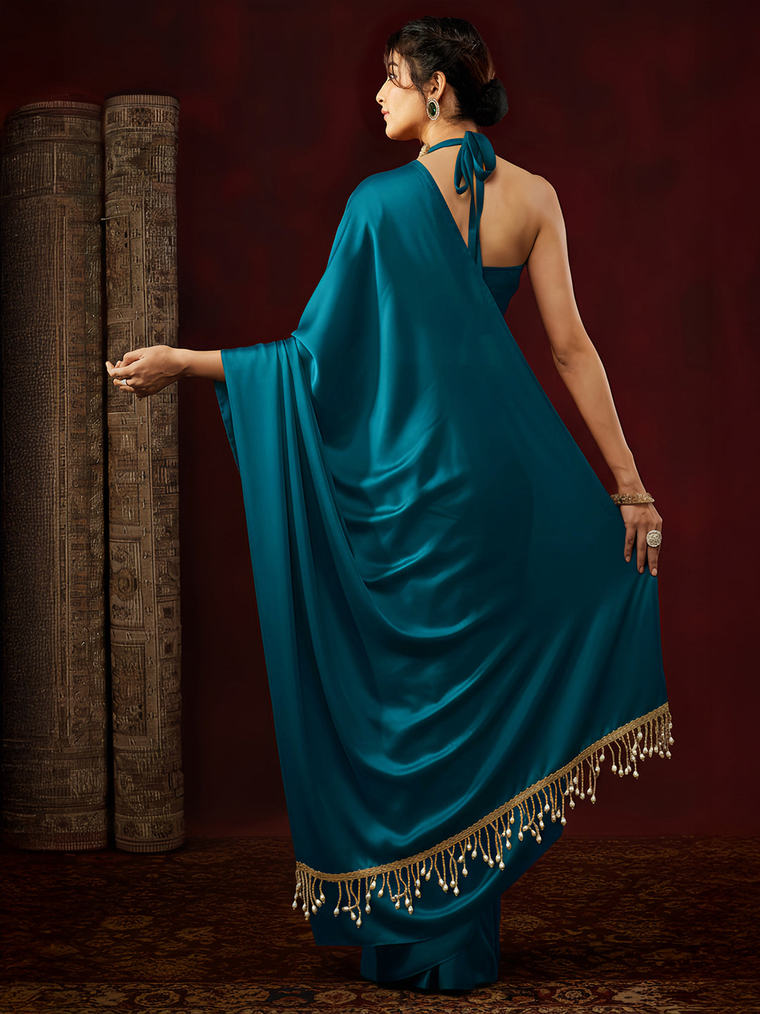 Janasya Women's Turquoise Satin Ready To Wear Embellished Saree with Unstitched Blouse