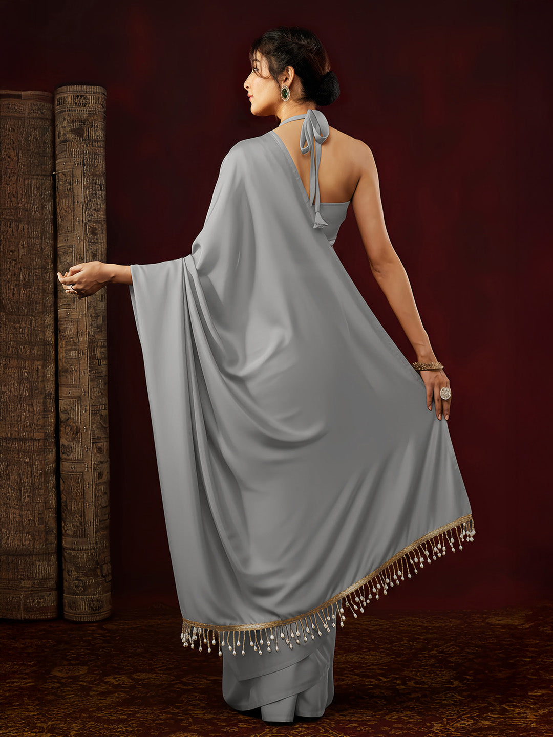 Janasya Women's Grey Satin Ready To Wear Embellished Saree with Unstitched Blouse