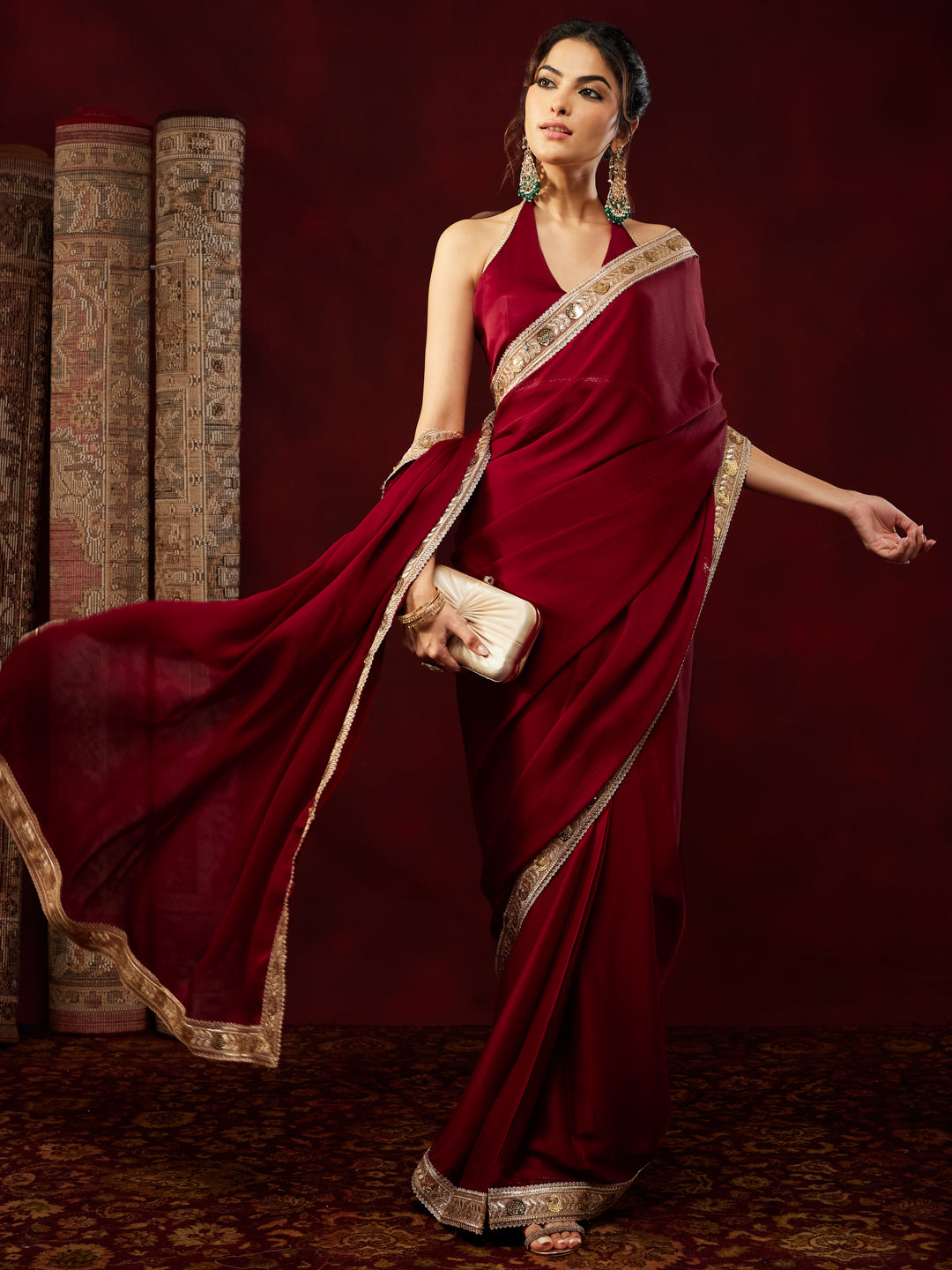 Janasya Women's Maroon Silk Blend Ready To Wear Embellished Saree with Unstitched Blouse
