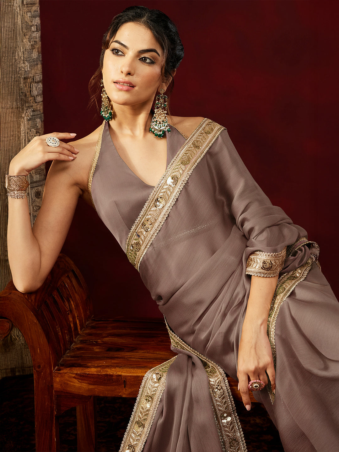 Janasya Women's Light Brown Silk Blend Ready To Wear Embellished Saree with Unstitched Blouse
