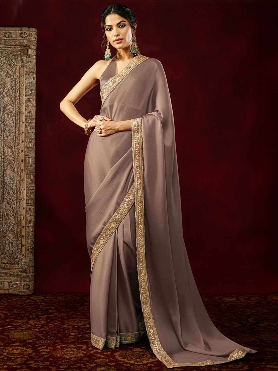 Janasya Women's Light Brown Silk Blend Ready To Wear Embellished Saree with Unstitched Blouse