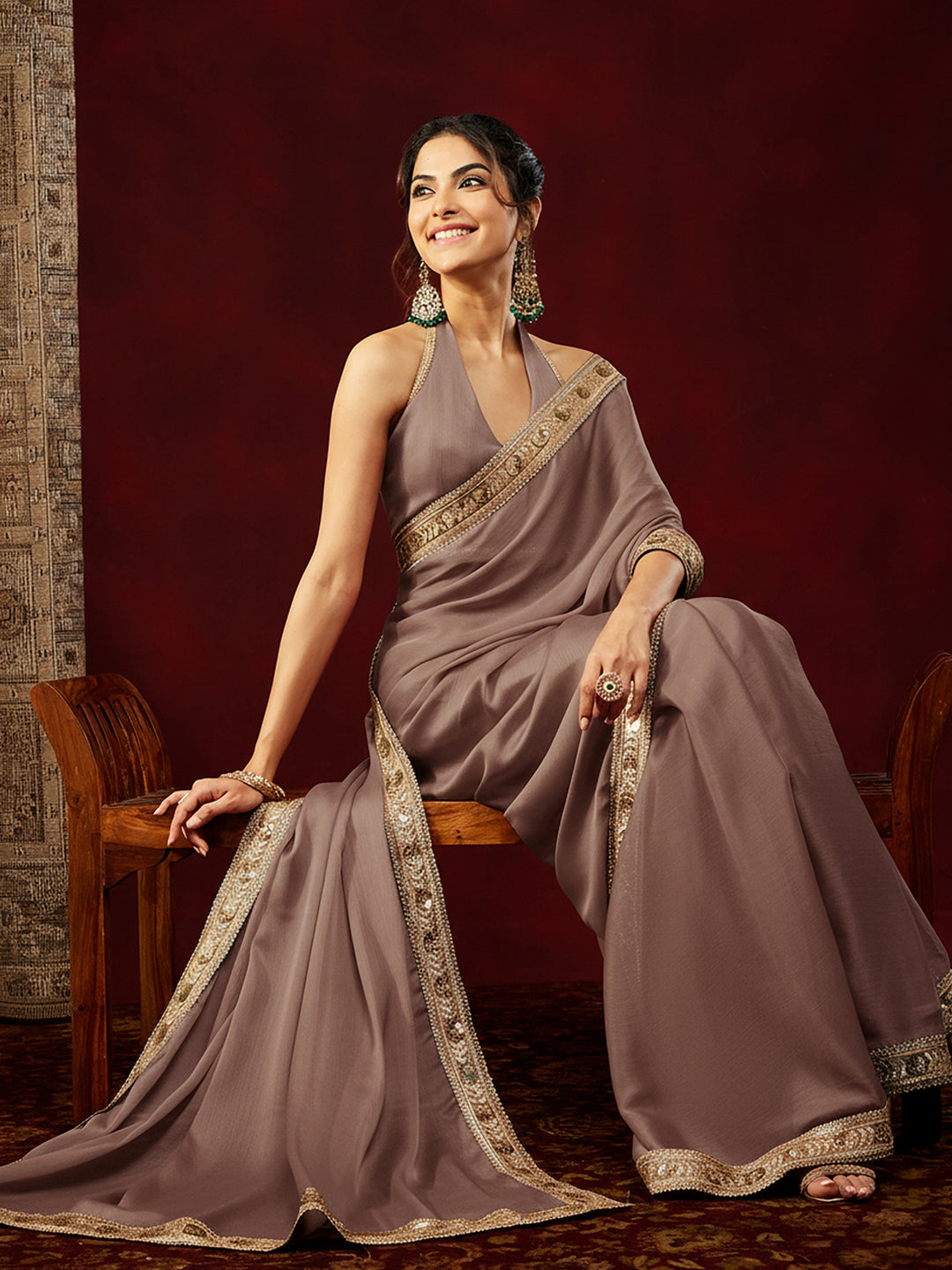 Janasya Women's Light Brown Silk Blend Ready To Wear Embellished Saree with Unstitched Blouse