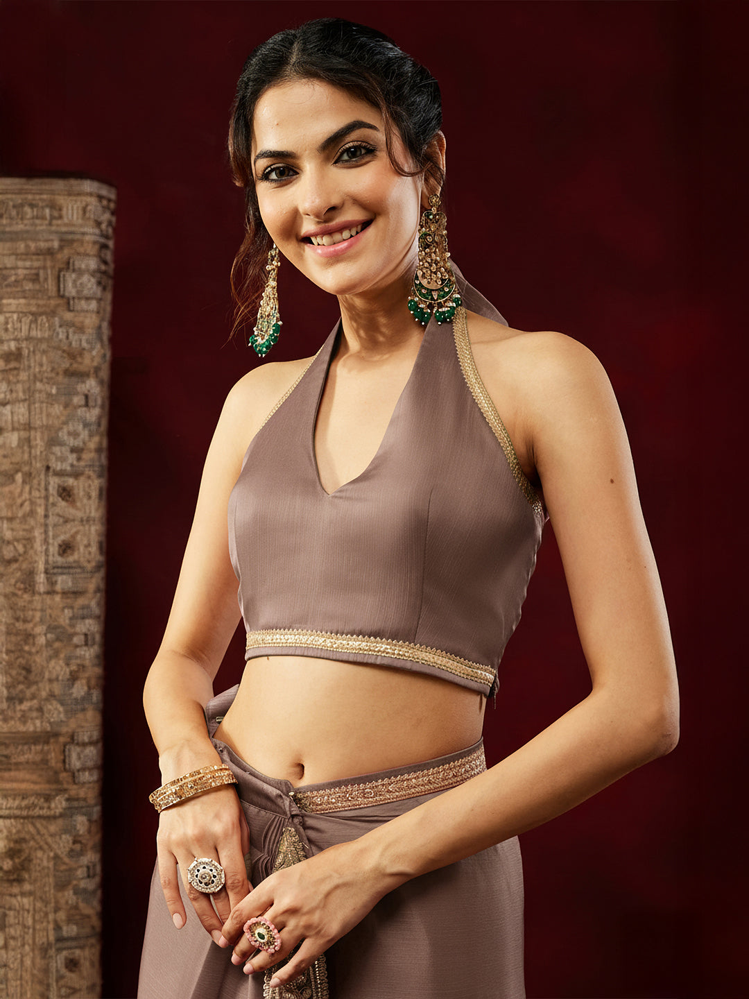 Janasya Women's Light Brown Silk Blend Ready To Wear Embellished Saree with Unstitched Blouse