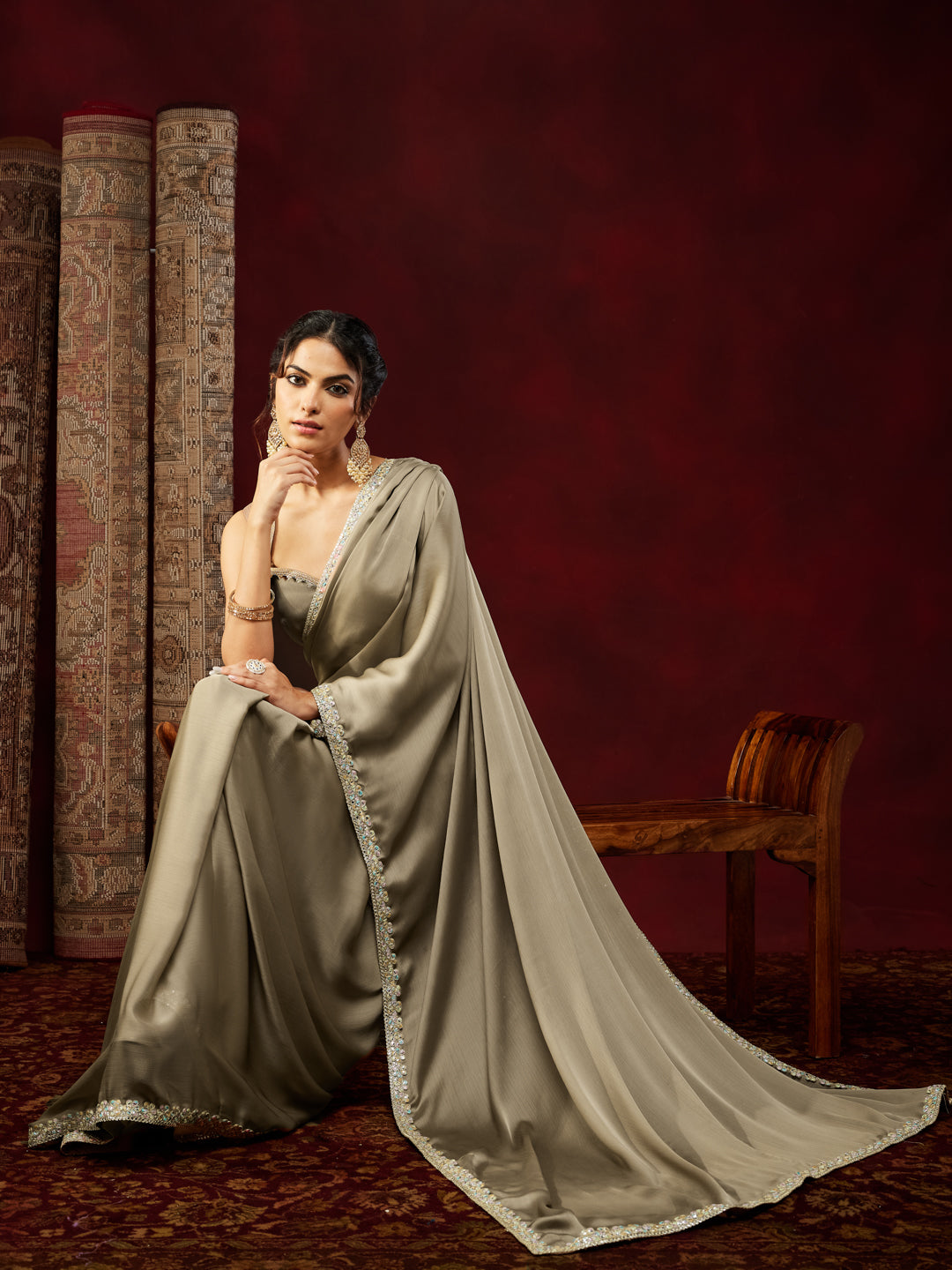 Janasya Women's Champagne Silk Blend Ready To Wear Embellished Saree with Unstitched Blouse