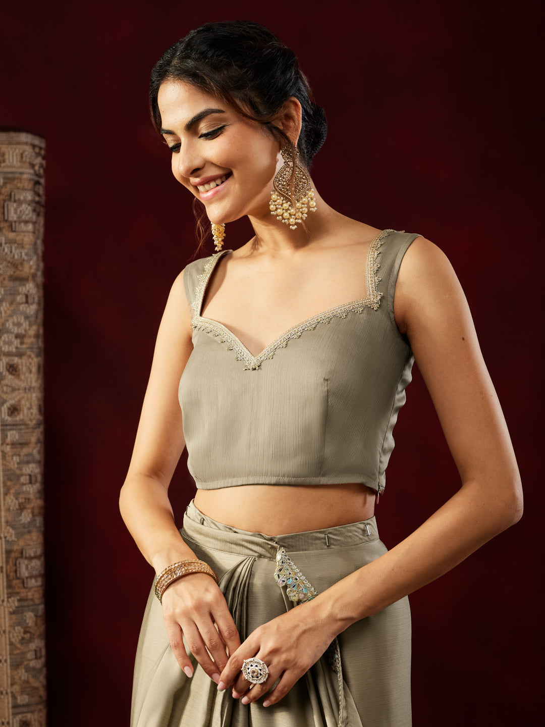 Janasya Women's Champagne Silk Blend Ready To Wear Embellished Saree with Unstitched Blouse