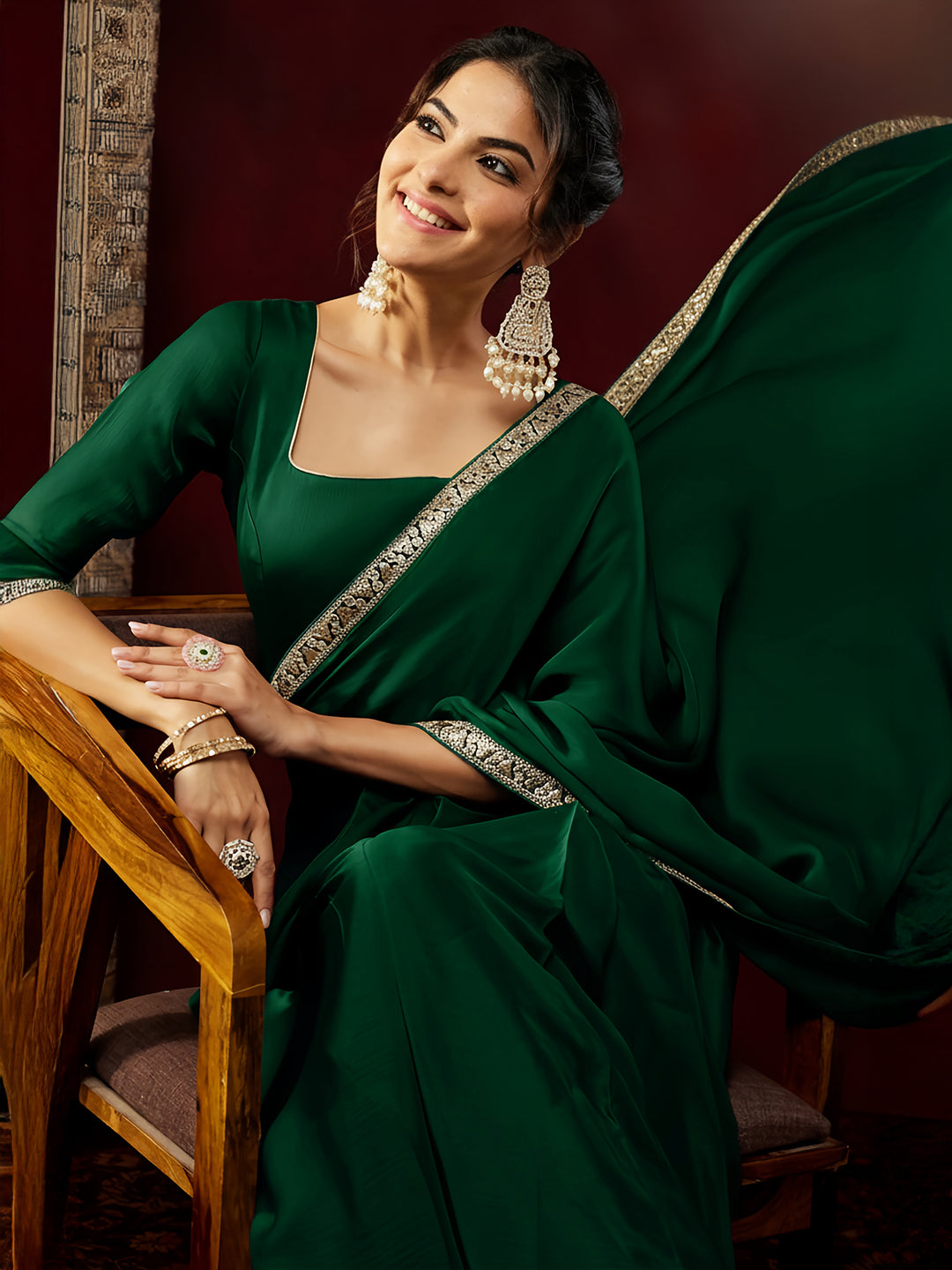 Janasya Women's Bottle Green Silk Blend One-Minute Ready-to-Wear Embellished Saree with Unstitched Blouse