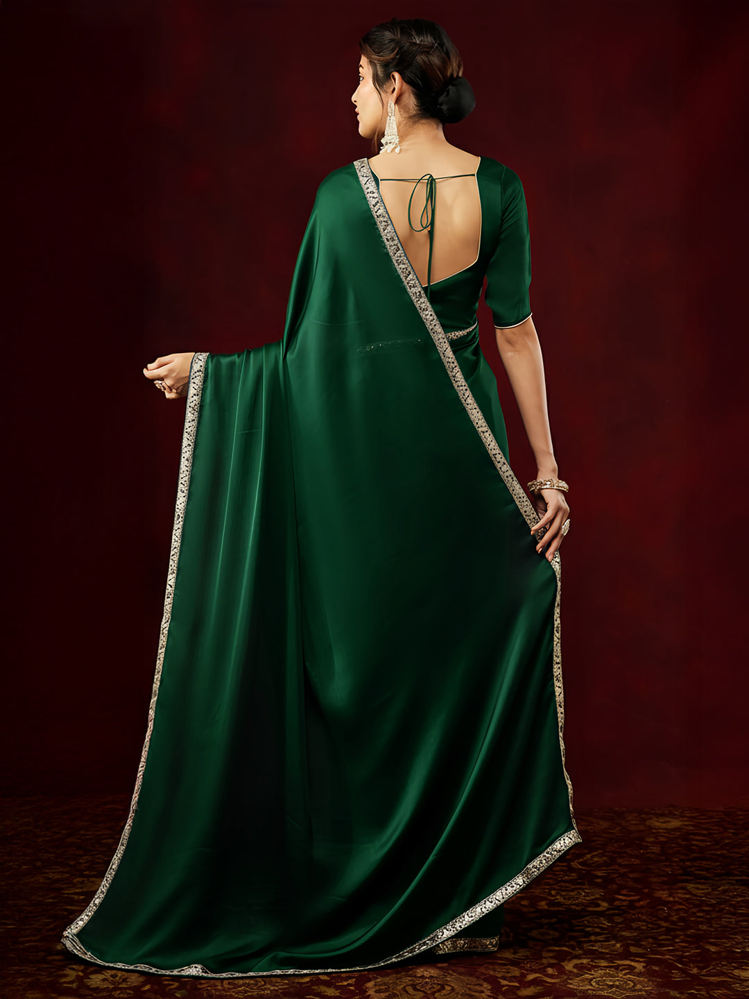 Janasya Women's Bottle Green Silk Blend One-Minute Ready-to-Wear Embellished Saree with Unstitched Blouse