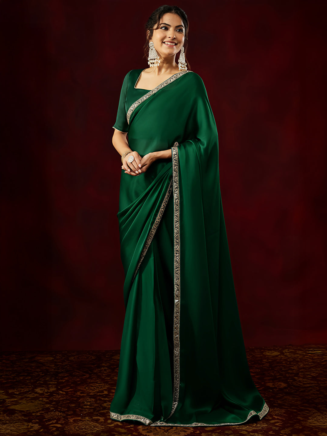 Janasya Women's Bottle Green Silk Blend One-Minute Ready-to-Wear Embellished Saree with Unstitched Blouse