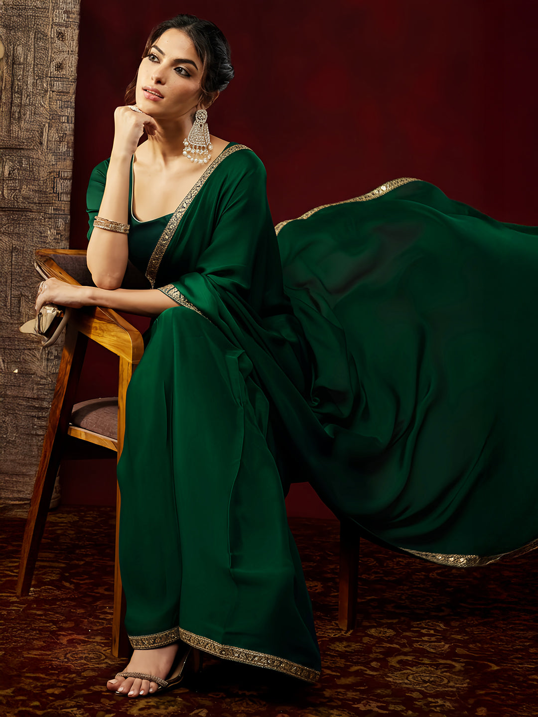 Janasya Women's Bottle Green Silk Blend One-Minute Ready-to-Wear Embellished Saree with Unstitched Blouse
