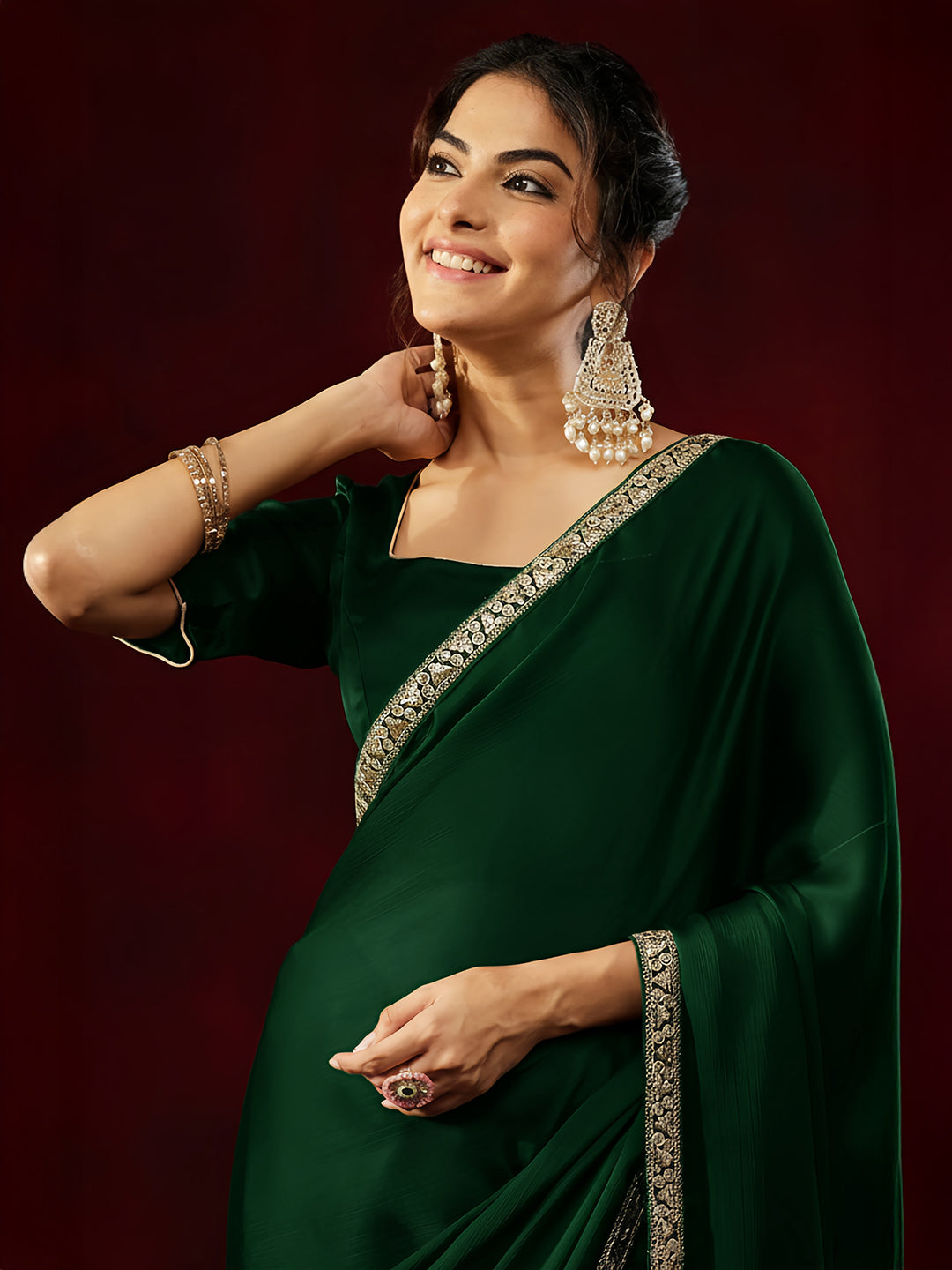 Janasya Women's Bottle Green Silk Blend One-Minute Ready-to-Wear Embellished Saree with Unstitched Blouse