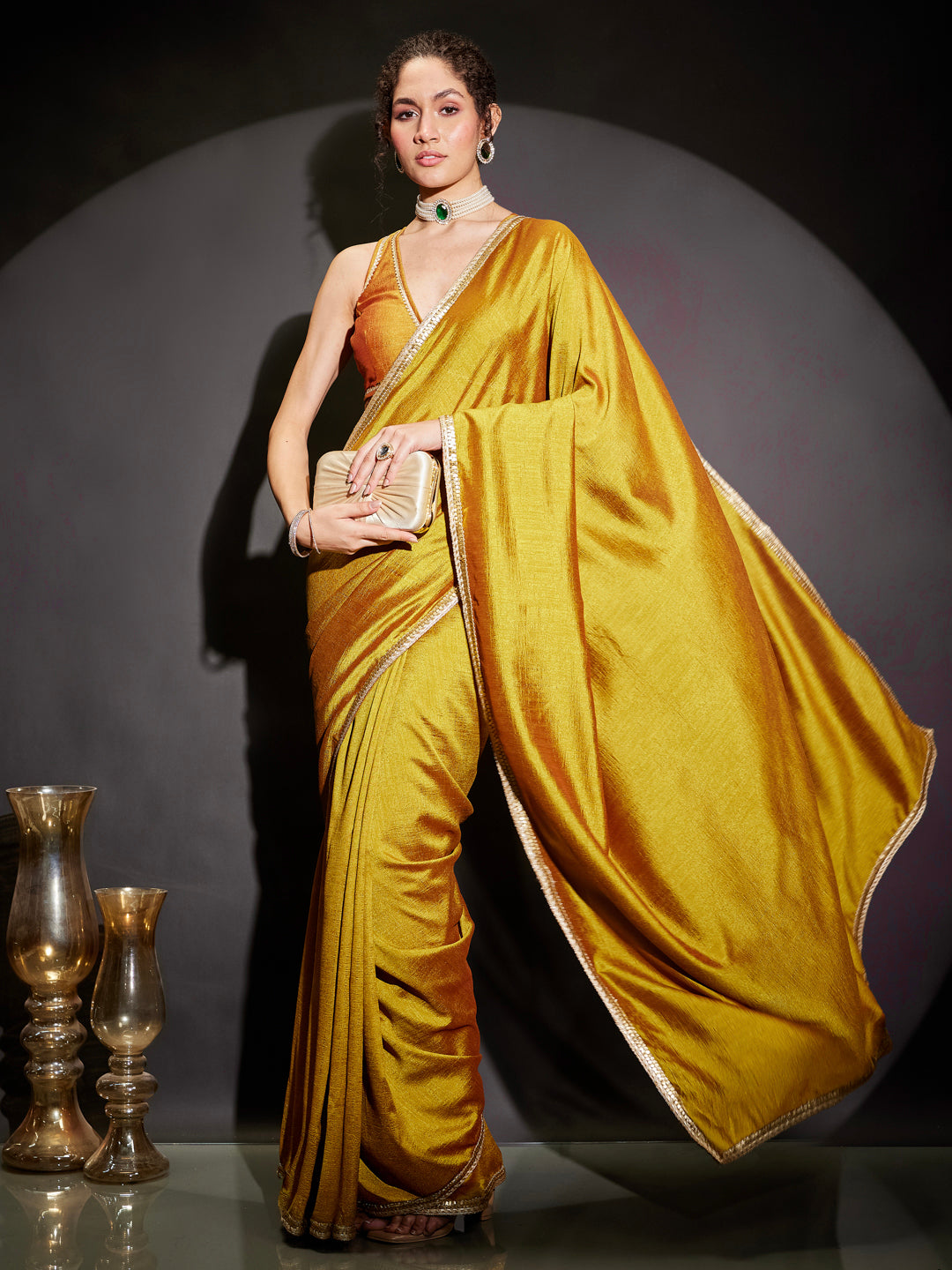 Janasya Women's Mustard Silk Blend Ready To Wear Embellished Saree with Unstitched Blouse