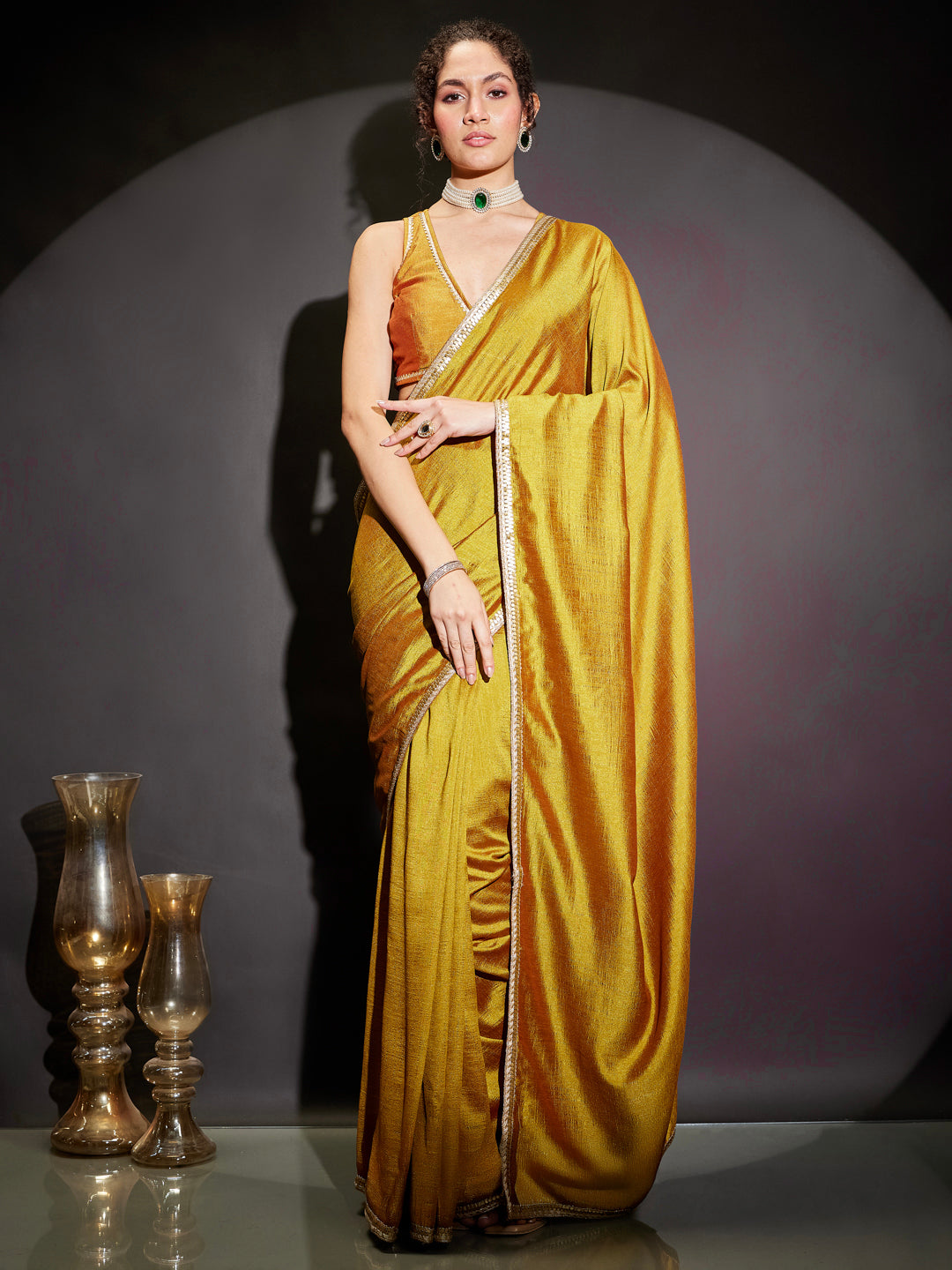 Janasya Women's Mustard Silk Blend Ready To Wear Embellished Saree with Unstitched Blouse
