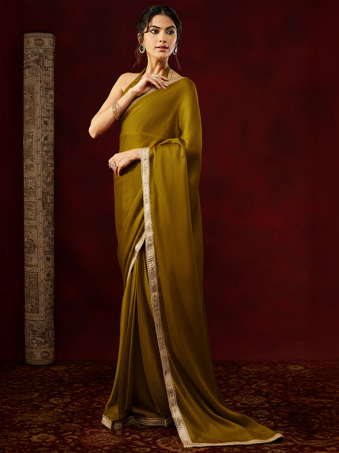 Janasya Women's Mustard Silk Blend Ready To Wear Embellished Saree with Unstitched Blouse