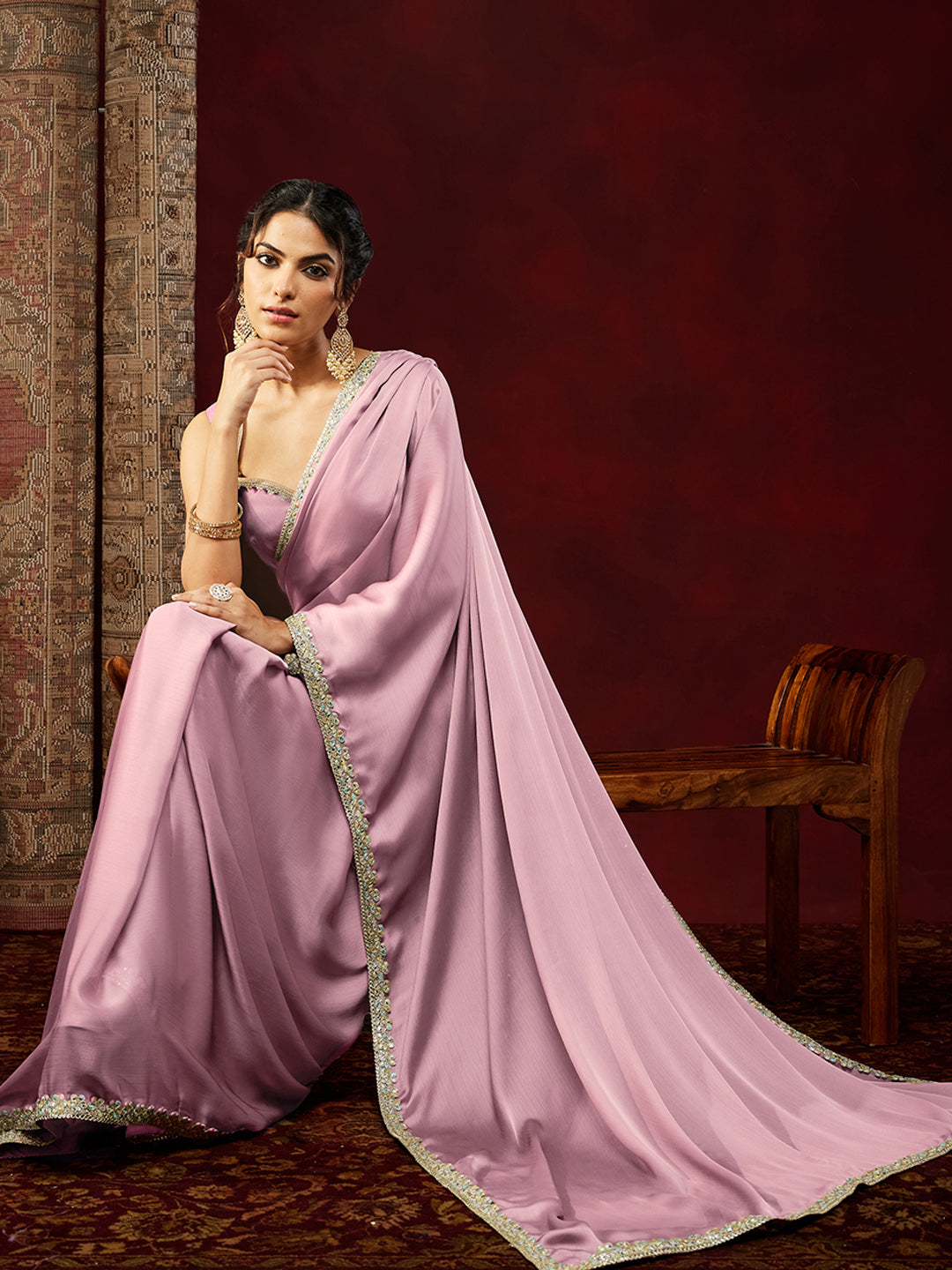 Janasya Women's Powder Pink Silk Blend Ready To Wear Embellished Saree with Unstitched Blouse