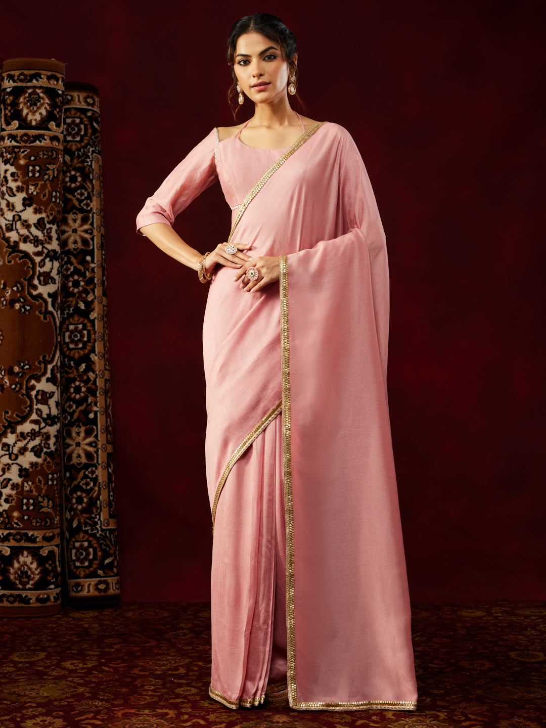 Janasya Women's Pink Silk Blend Ready To Wear Embellished Saree with Unstitched Blouse