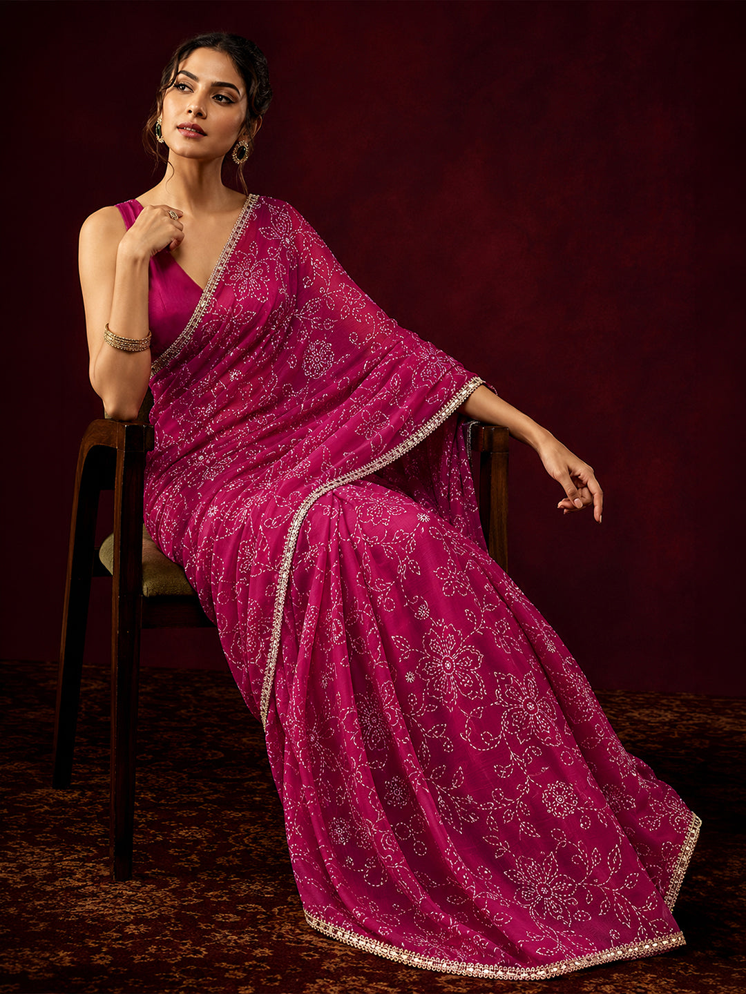 Janasya Women's Pink Silk Blend One-Minute Ready-to-Wear Embellished Gold Printed Saree with Unstitched Blouse