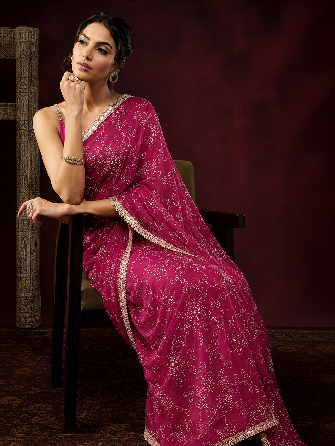 Janasya Women's Pink Silk Blend One-Minute Ready-to-Wear Embellished Gold Printed Saree with Unstitched Blouse