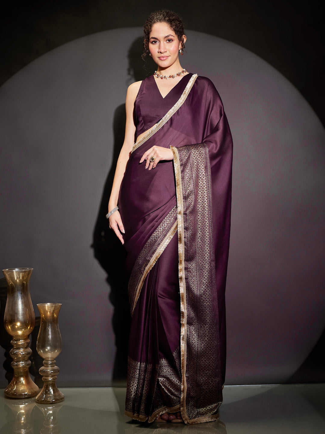 Janasya Women's Wine Silk Blend Ready To Wear Gold Printed Saree with Unstitched Blouse