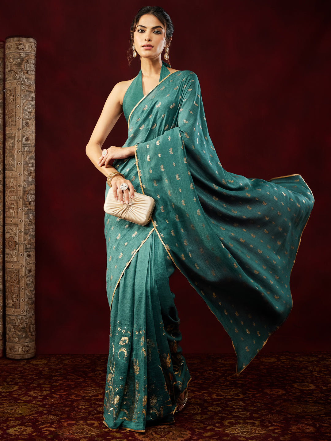 Janasya Women's Teal Blue Silk Blend Ready To Wear Gold Printed Saree with Unstitched Blouse
