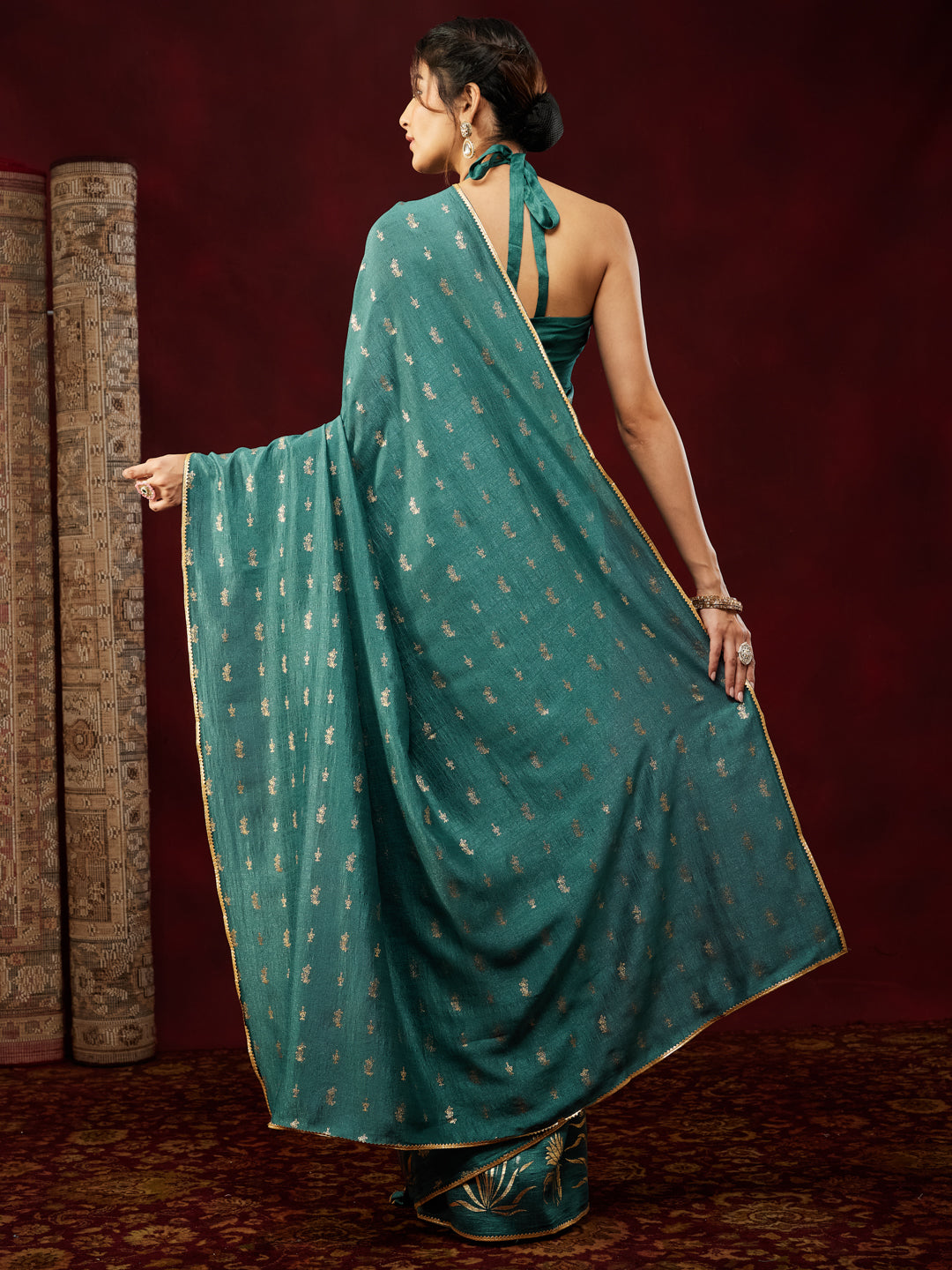 Janasya Women's Teal Blue Silk Blend Ready To Wear Gold Printed Saree with Unstitched Blouse