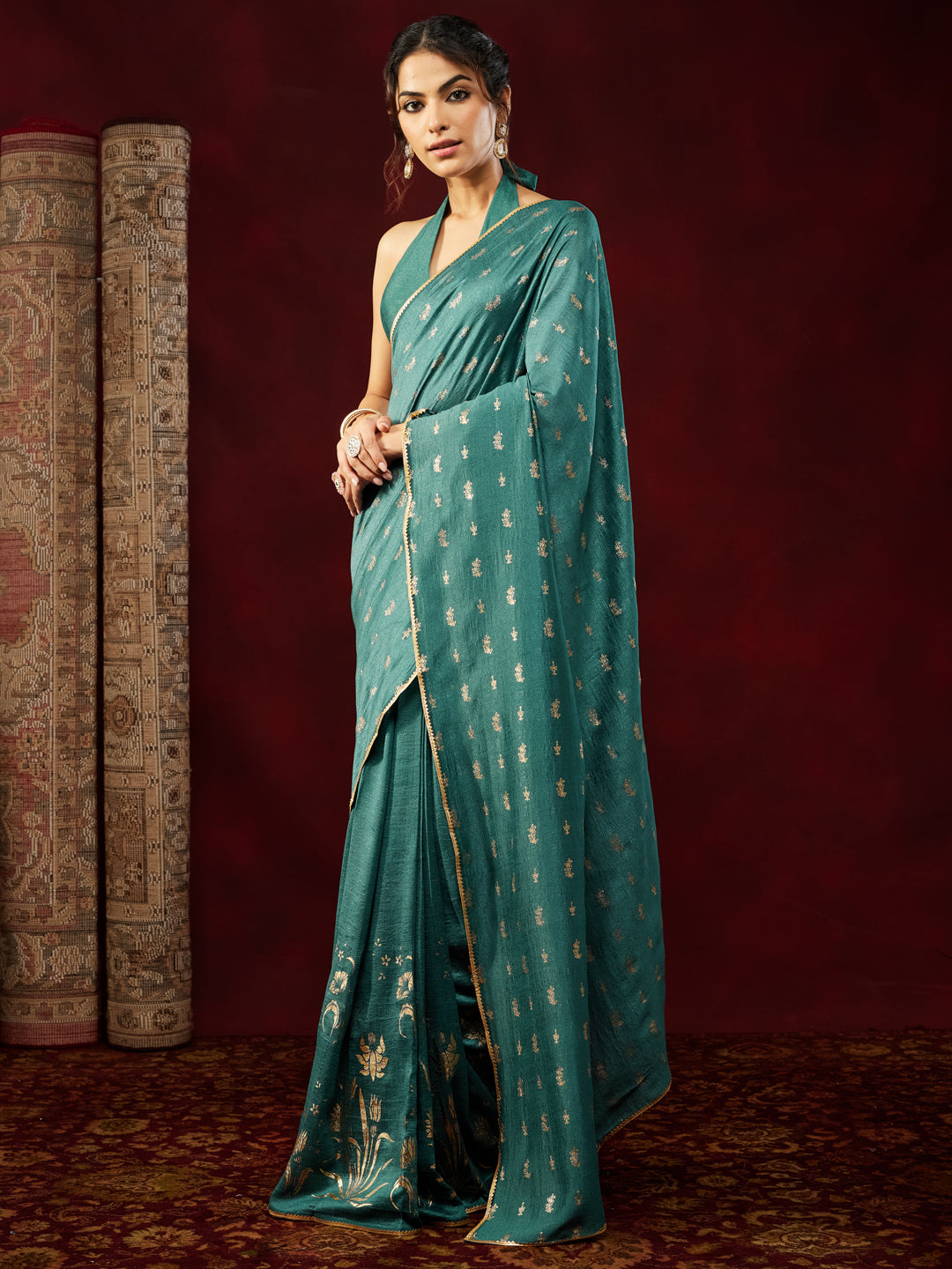 Janasya Women's Teal Blue Silk Blend Ready To Wear Gold Printed Saree with Unstitched Blouse