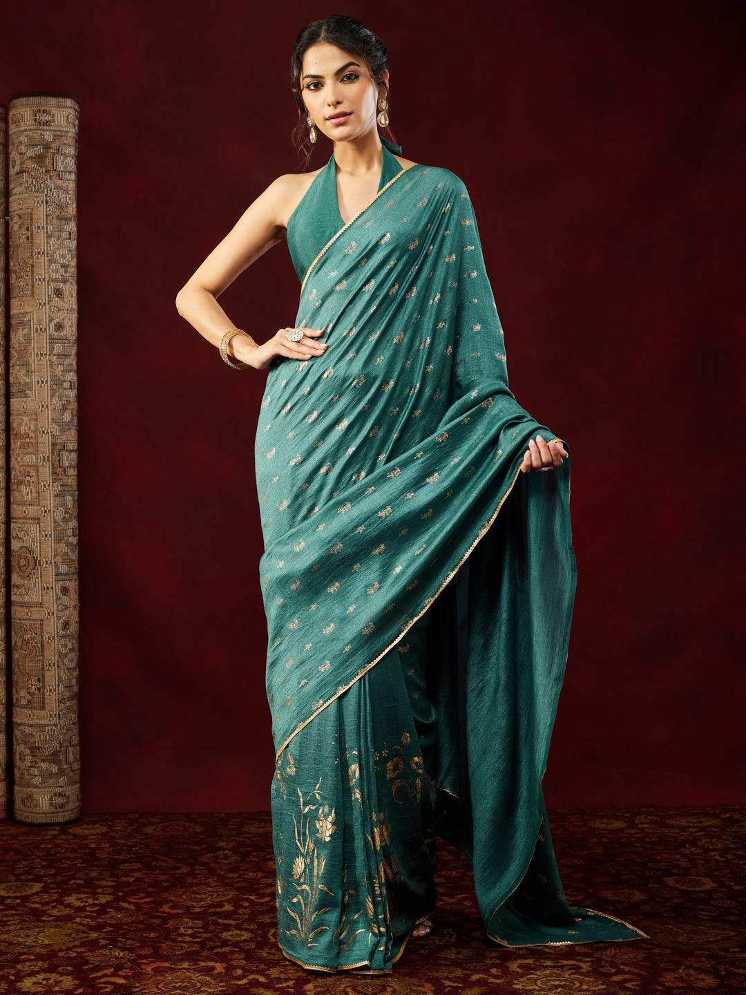 Janasya Women's Teal Blue Silk Blend Ready To Wear Gold Printed Saree with Unstitched Blouse