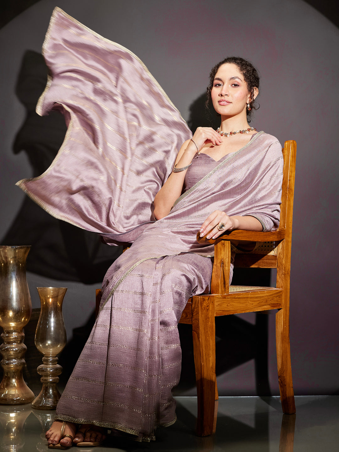 Janasya Women's Lavender Silk Blend Ready To Wear Embellished Saree with Unstitched Blouse