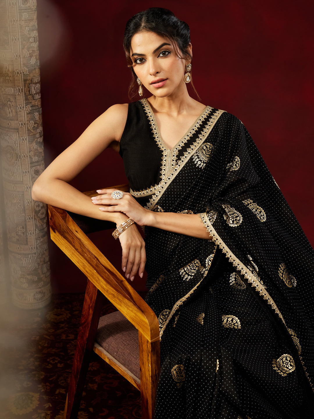 Janasya Women's Black Silk Blend Ready To Wear Gold Printed Saree with Unstitched Blouse