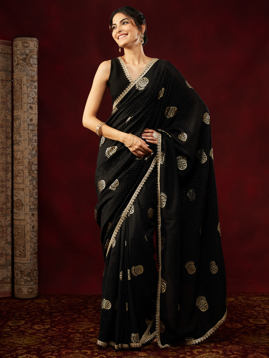 Janasya Women's Black Silk Blend Ready To Wear Gold Printed Saree with Unstitched Blouse