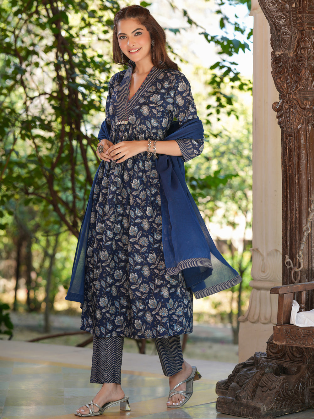 Women's Floral Navy Blue A-Line Kurta Set