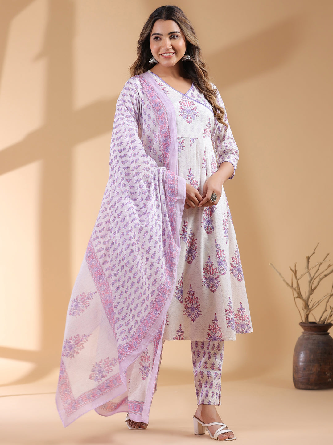 White Pure Cotton Floral Printed Angrakha Kurta Set