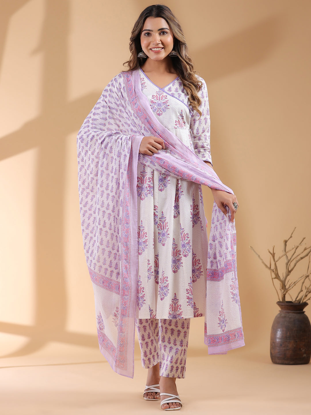 White Pure Cotton Floral Printed Angrakha Kurta Set