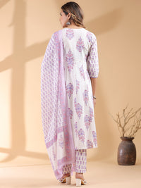 White Pure Cotton Floral Printed Angrakha Kurta Set