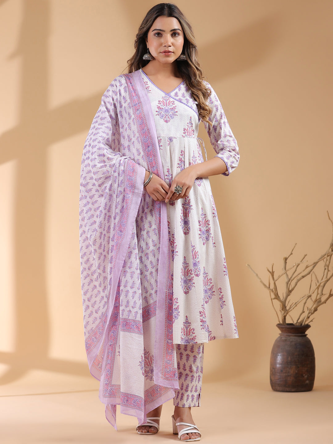 White Pure Cotton Floral Printed Angrakha Kurta Set