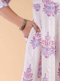 White Pure Cotton Floral Printed Angrakha Kurta Set