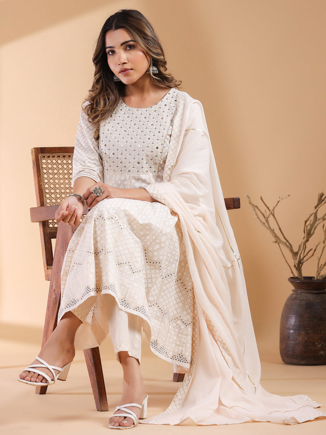 Beige Pure Cotton Ethnic Motifs Printed Anarkali Kurta Set