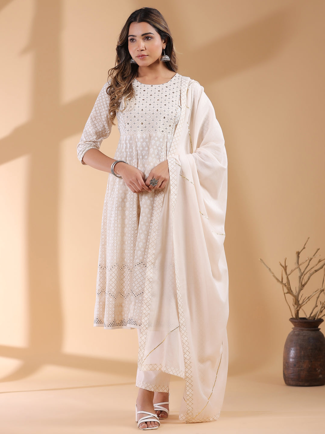 Beige Pure Cotton Ethnic Motifs Printed Anarkali Kurta Set