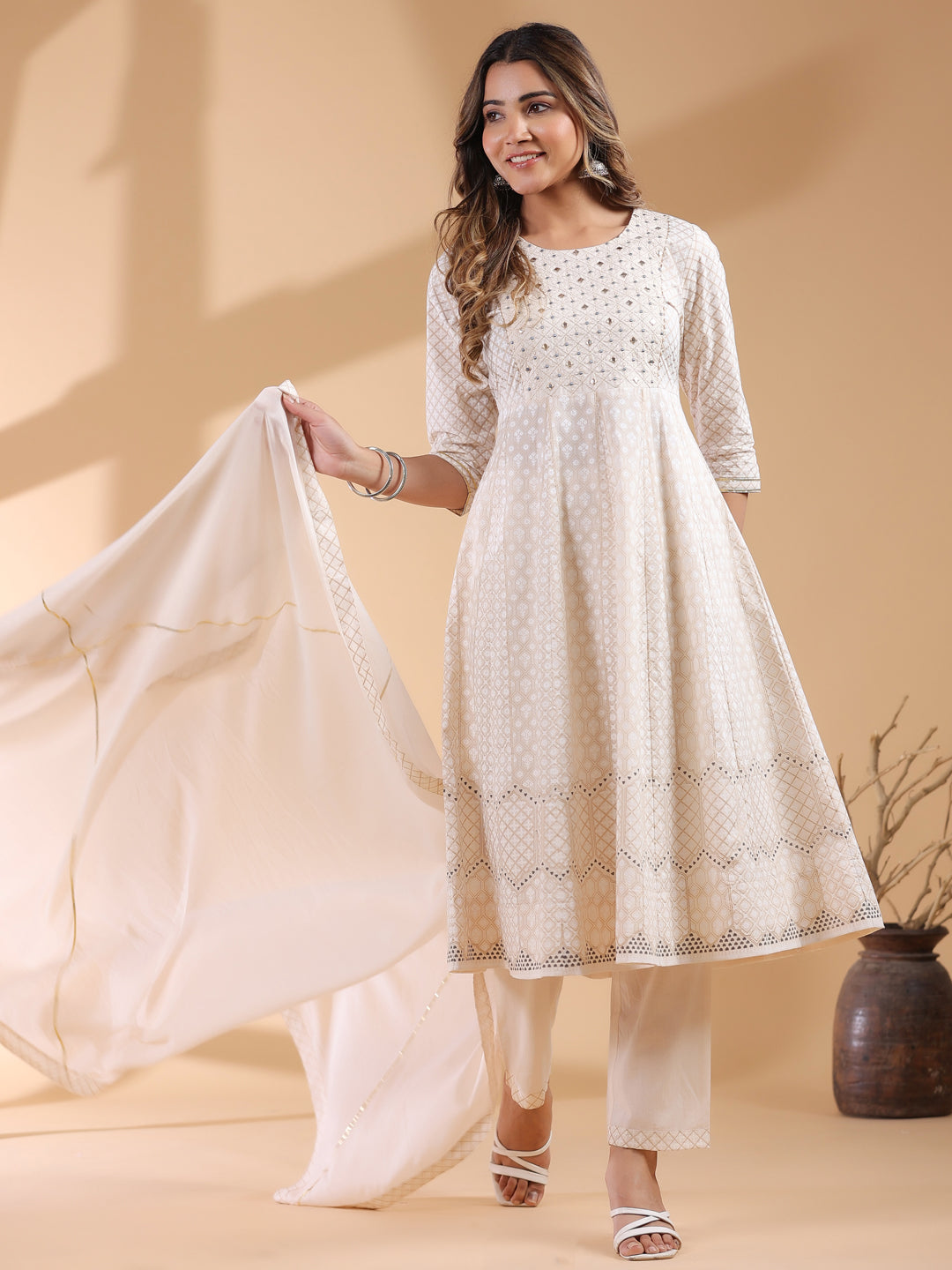 Beige Pure Cotton Ethnic Motifs Printed Anarkali Kurta Set