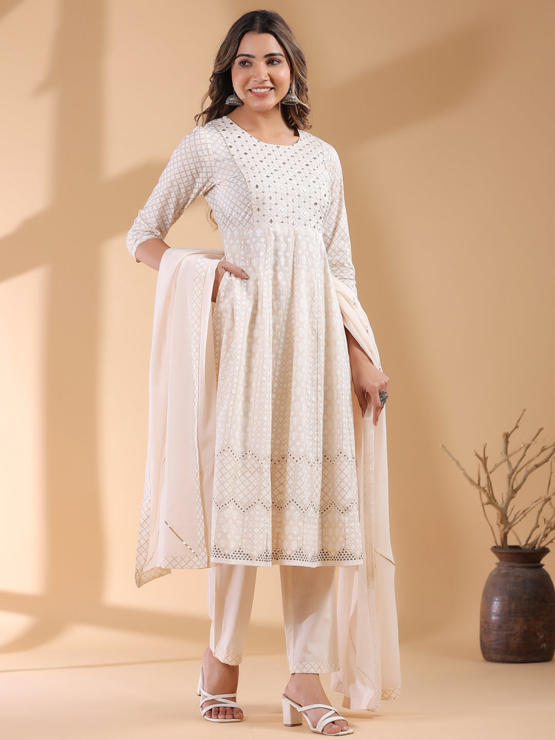 Beige Pure Cotton Ethnic Motifs Printed Anarkali Kurta Set