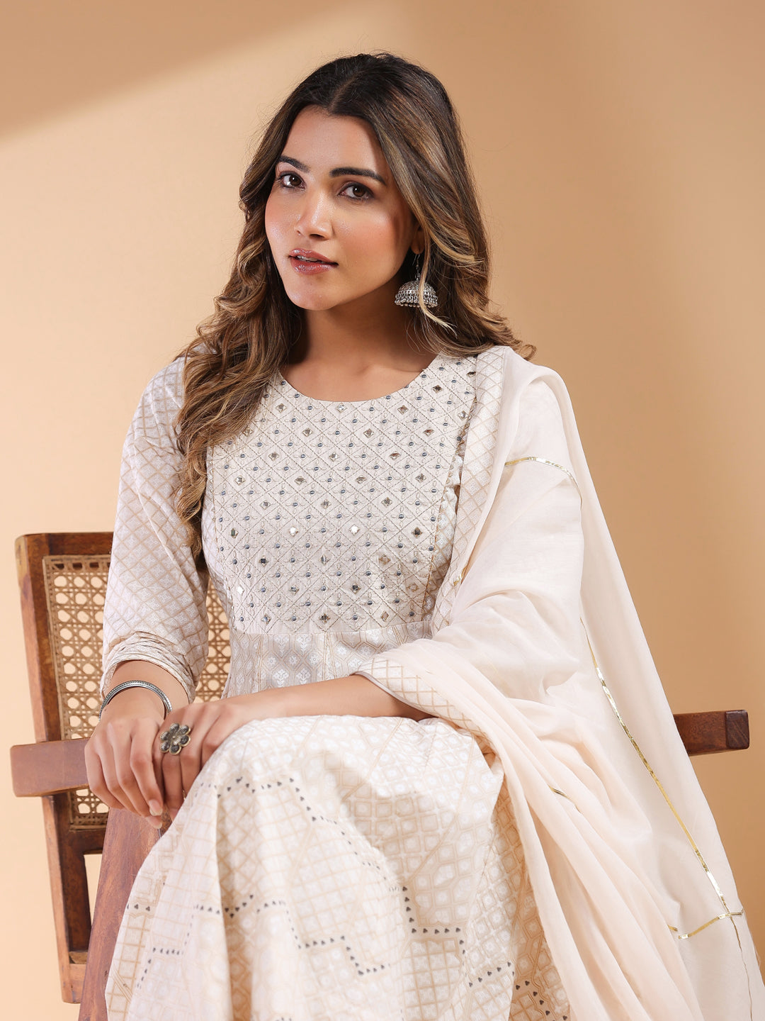 Beige Pure Cotton Ethnic Motifs Printed Anarkali Kurta Set