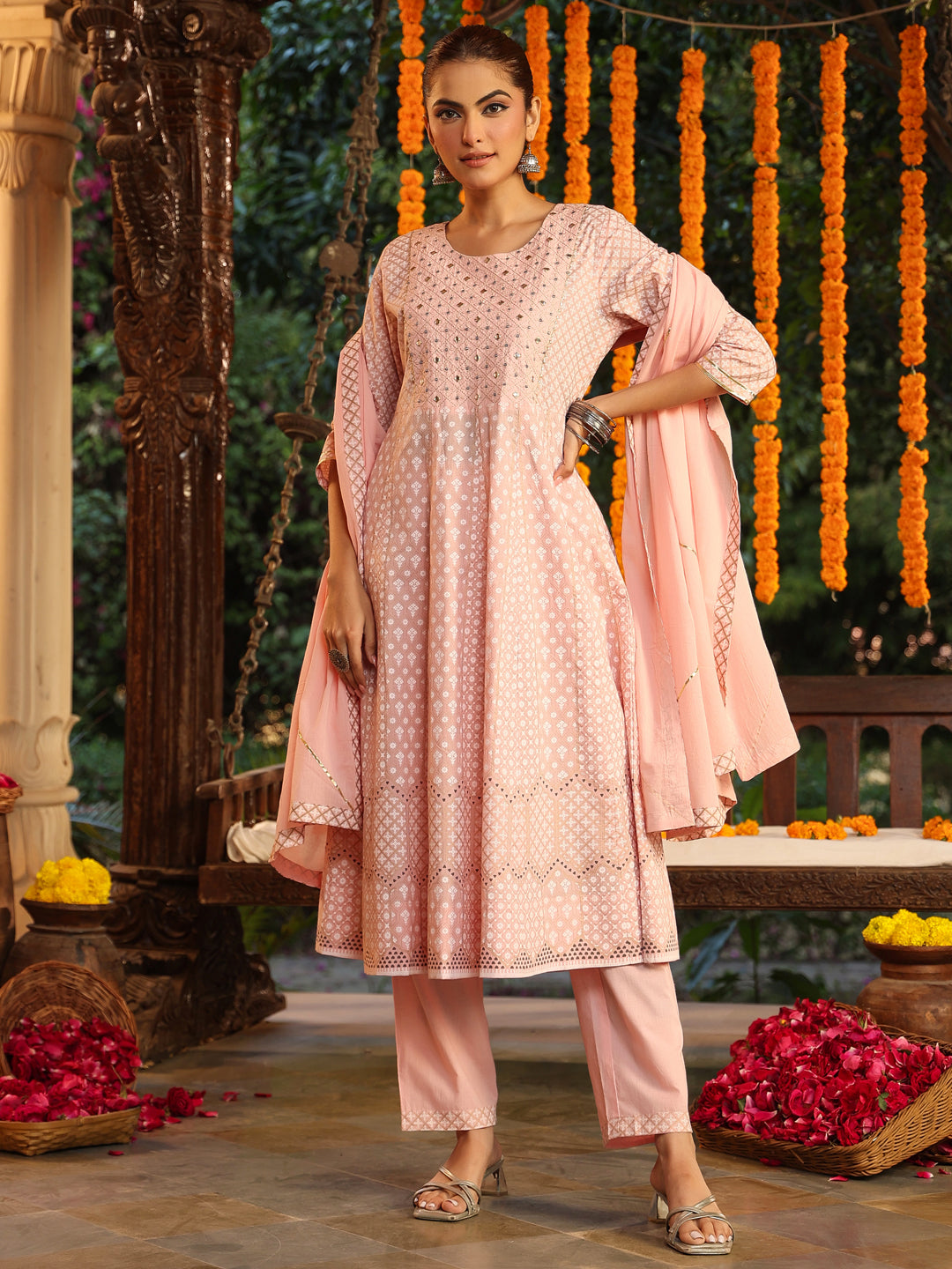 Light Pink Pure Cotton Embroidered Ethnic Motifs Anarkali Kurta Set