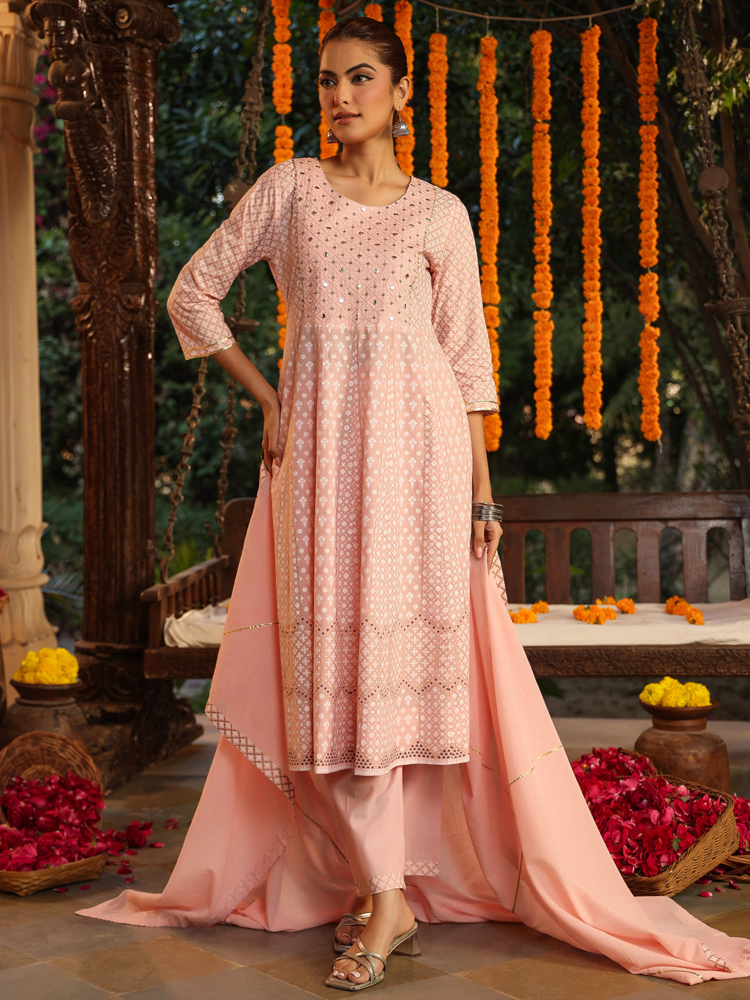 Light Pink Pure Cotton Embroidered Ethnic Motifs Anarkali Kurta Set