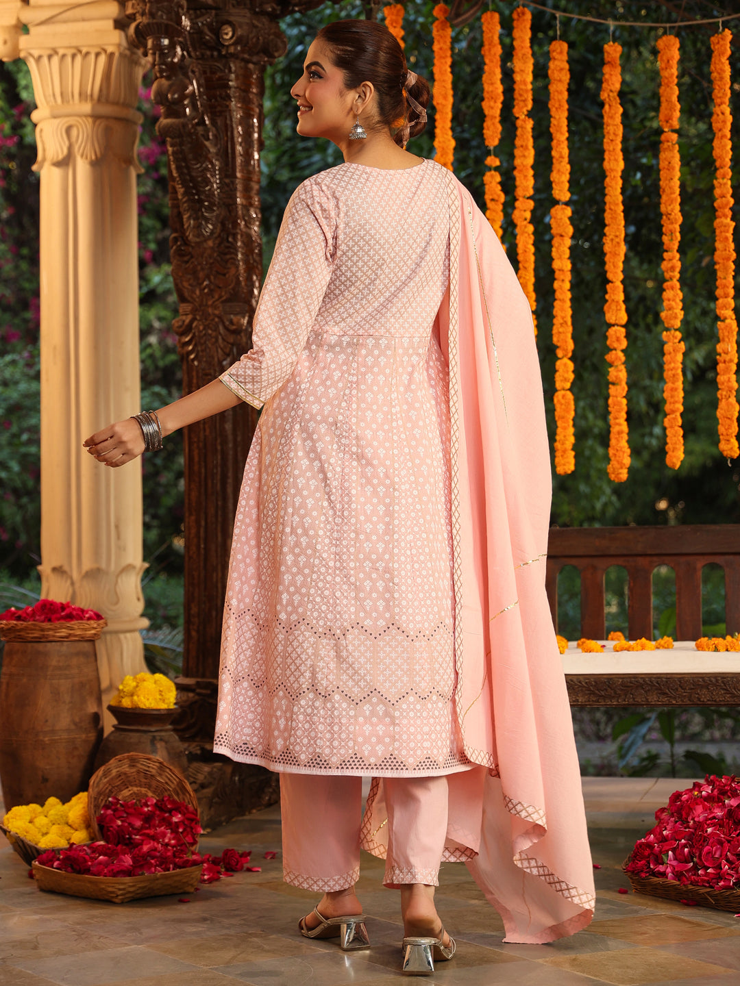 Light Pink Pure Cotton Embroidered Ethnic Motifs Anarkali Kurta Set