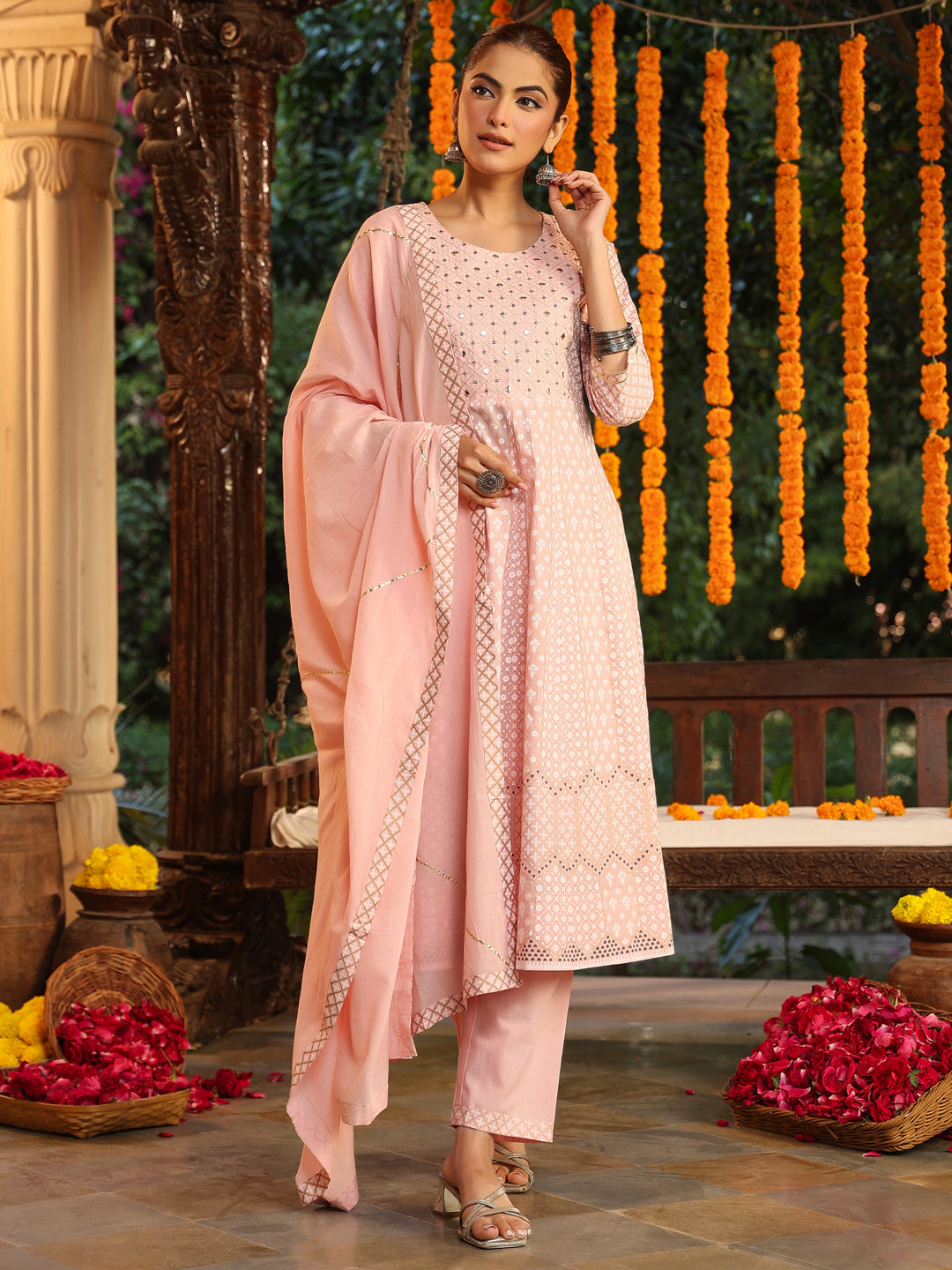 Light Pink Pure Cotton Embroidered Ethnic Motifs Anarkali Kurta Set